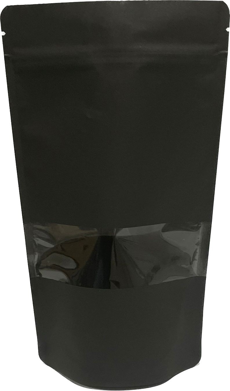 Bolsas doypack de papel kraft negro con ventana y cierre zip