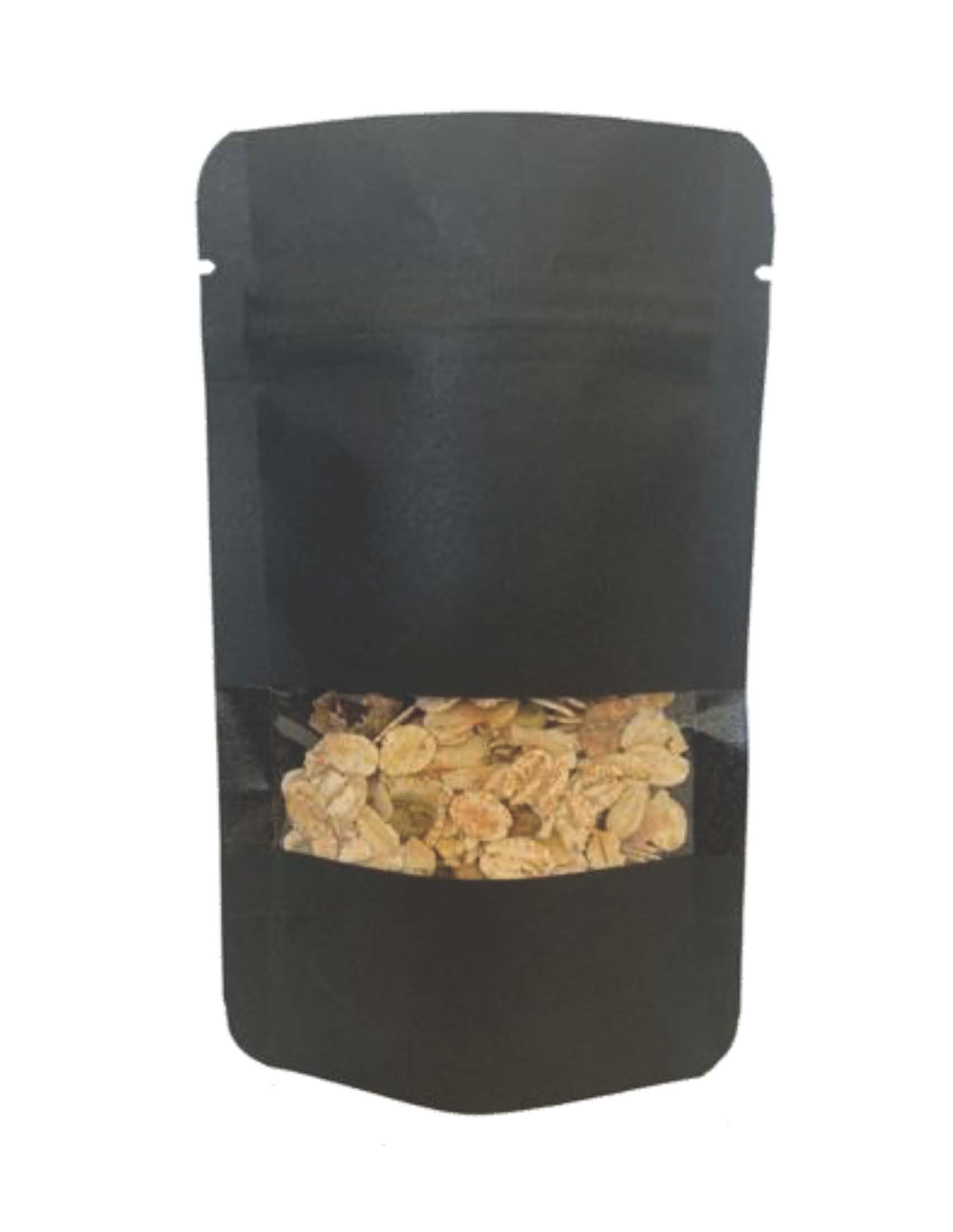 Bolsas doypack de papel kraft negro con ventana y cierre zip