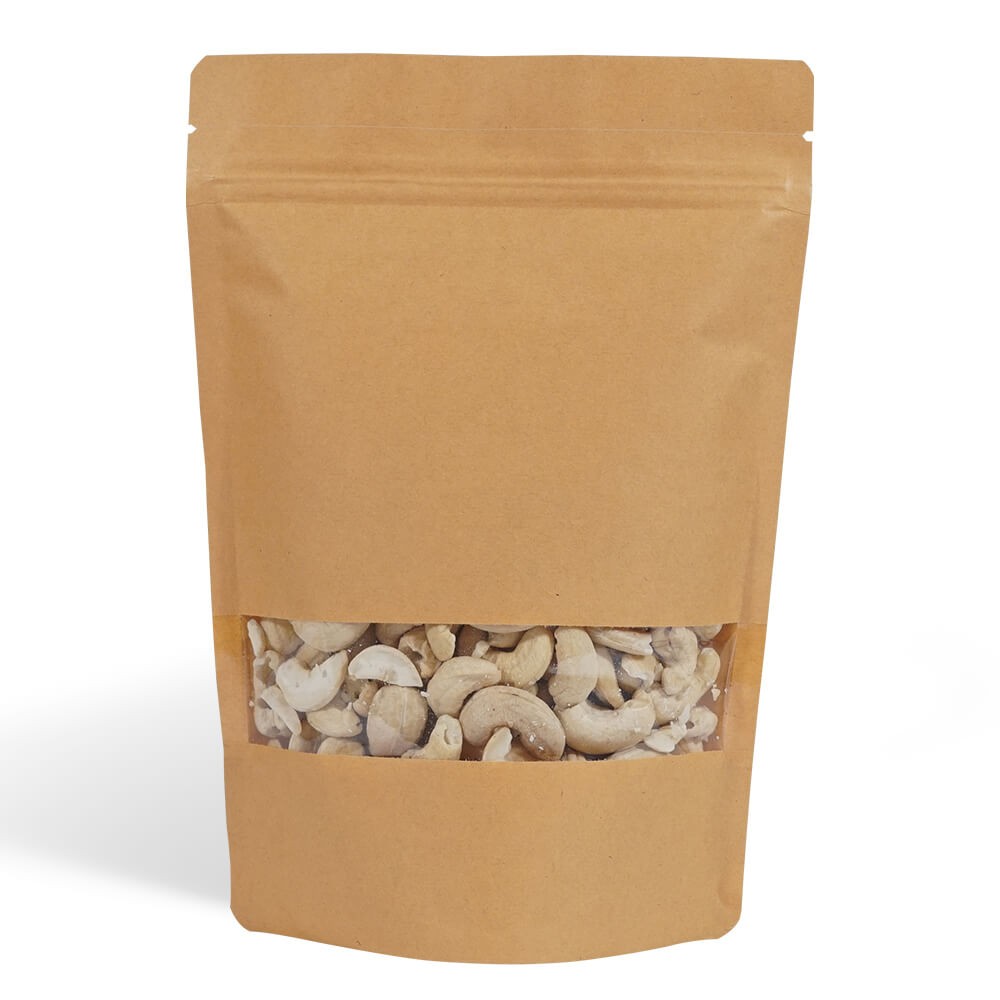 Bolsas doypack de papel kraft marrón con ventana y cierre zip
